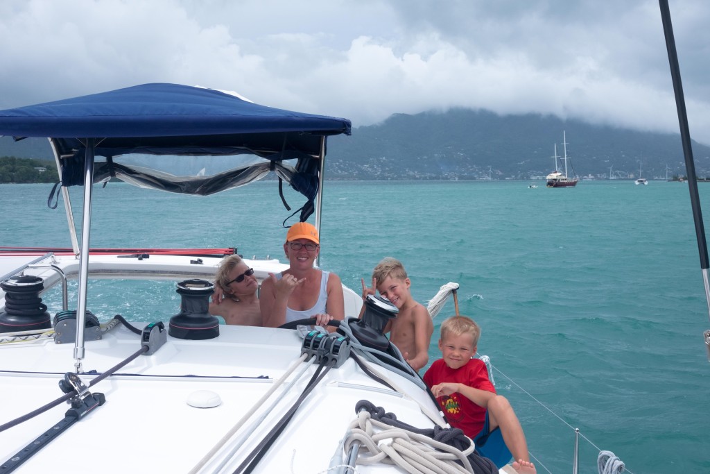 Heading out from our anchorage near Mahe back to Praslin. It was still protected at this point. Once we rounded the corner we all retreated indoors as the helm was getting splashed every few minutes.